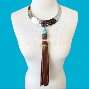 CHICOS Loren Statement Necklace Hammered Collar w/Turquoise & Leather Tassle